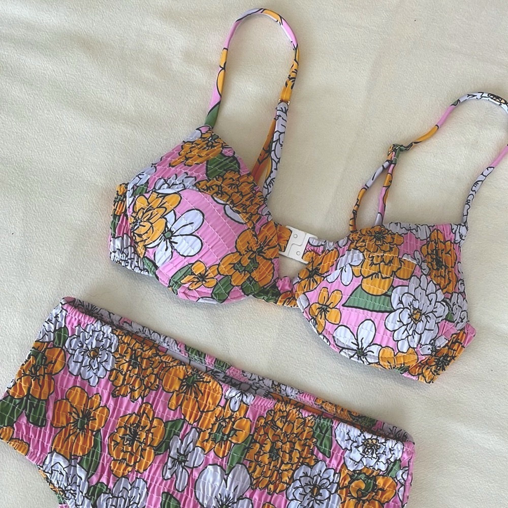 Floral Smocked High Waisted Bikini - Pink with Orange and White Floral Print